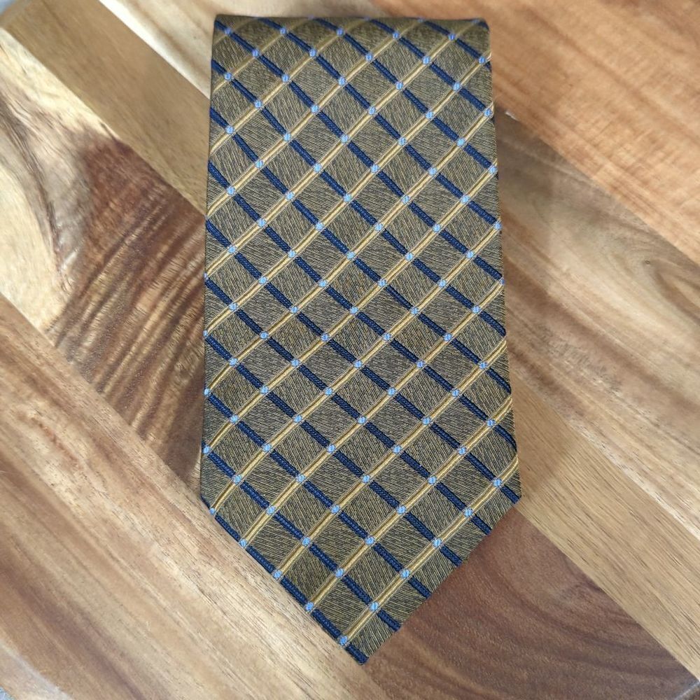 Valerio Garati Mens Silk Tie Gold Navy Blue Geometric Grid Hand Made 60x4